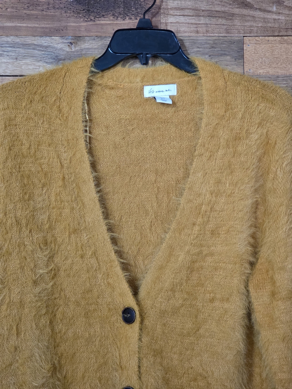 If It Were Me Women's S Mustard Fuzzy Eyelash Knit V-Neck Button Cardigan - Picture 2 of 6